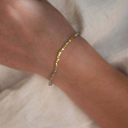 Labradorite and Metal Beaded bracelet, Handcrafted brass gold plated jewelry 6.5\